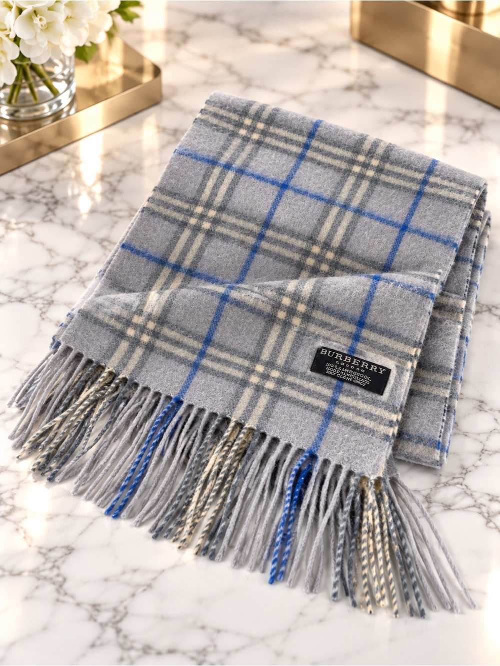 Burberry London 100% Lambswool Check Scarf Gray Blue Fringe Made in England